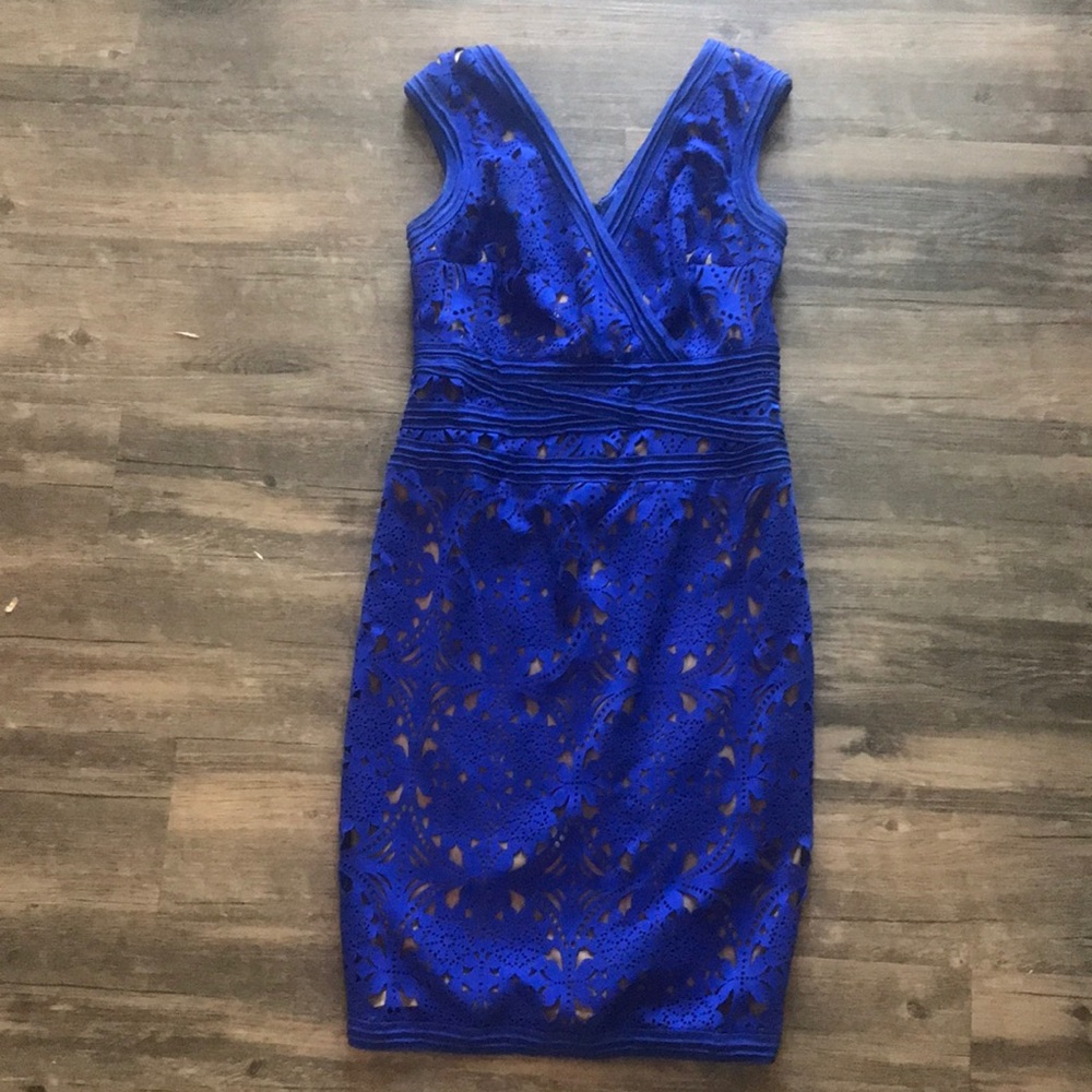 Cobalt laser cut Tadashi Shoji cocktail dress